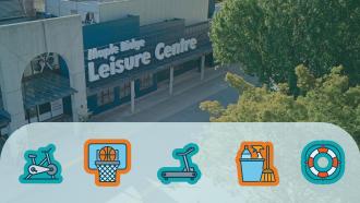 An aerial view of the Maple Ridge Leisure Centre with some iconography depicting an exercise bike, basketball hoop, scooter, cleaning supplies and life preserver in front.