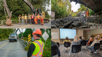 A showing City staff working with heavy machinery to prepare a dry riverbed for fall rains/flooding, and presenting a emergency preparedness workshop.