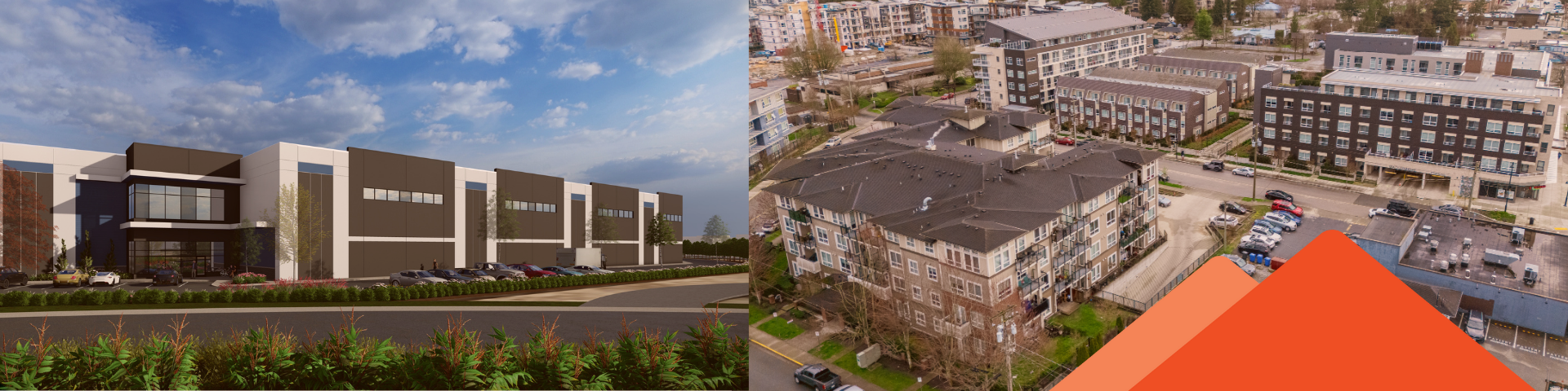 A rendering of an industrial building sits next to an aerial photograph of an apartment and carpark.