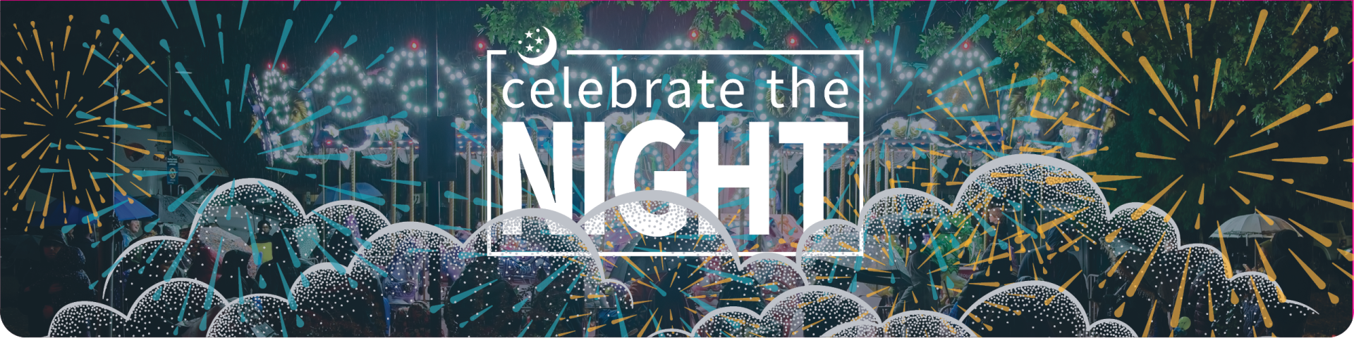 Carousel with Fireworks Illustrations and Celebrate the Night Text 
