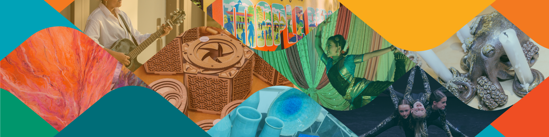 A coloured collage showcasing arts of various disciplines, including dance, music, woodworking, painting, ceramics and murals.