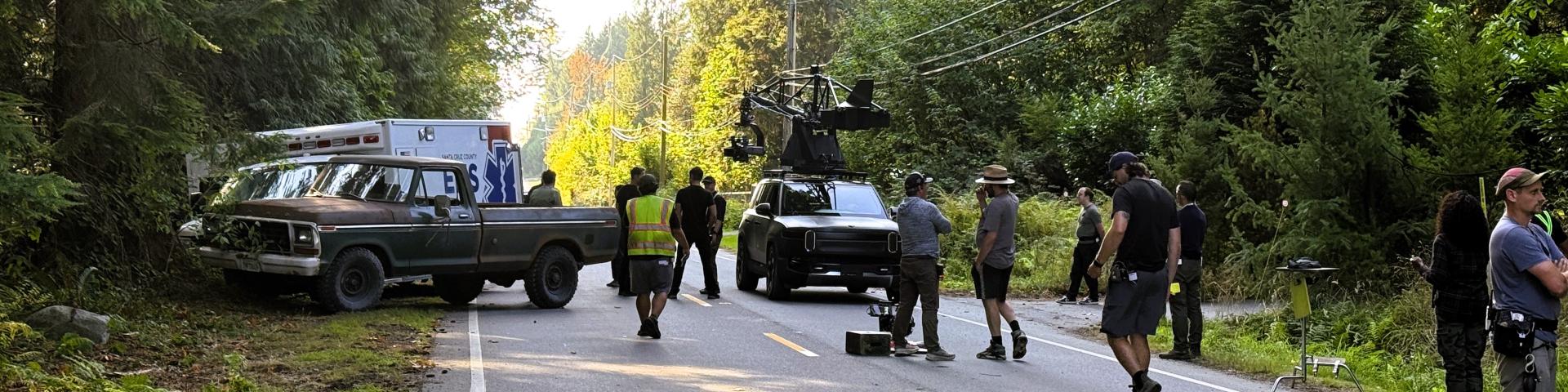 "Tracker" filming on the road outside of Thornhill Park.
