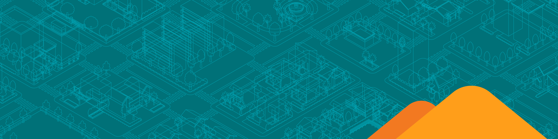 Two orange graphical mountains sit over a dark teal background with light blue linework depicting city blocks.