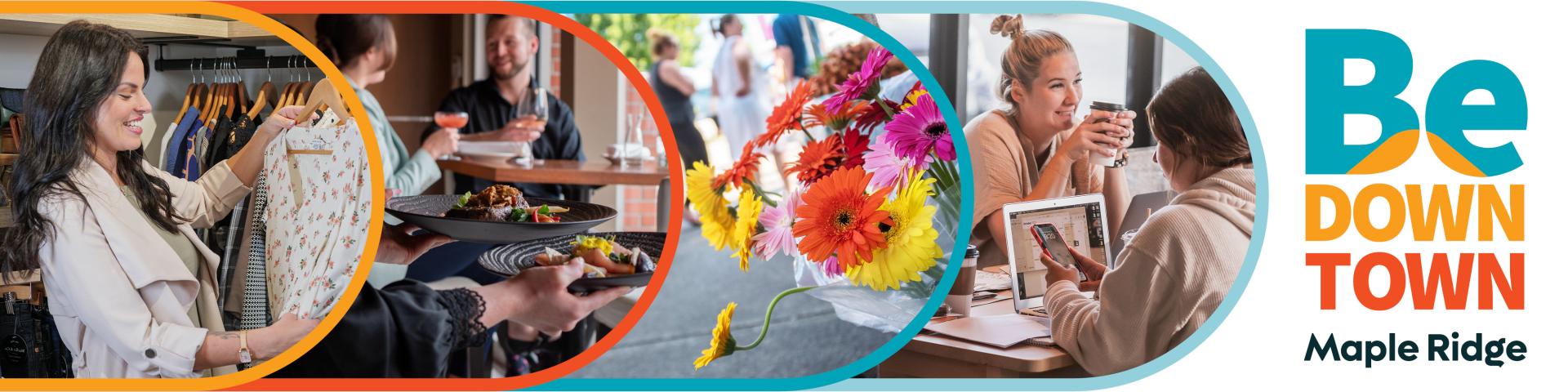 Shopping, plates of food delivered to a restaurant table, flowers at the farmer's market, two freinds at a coffee shop.