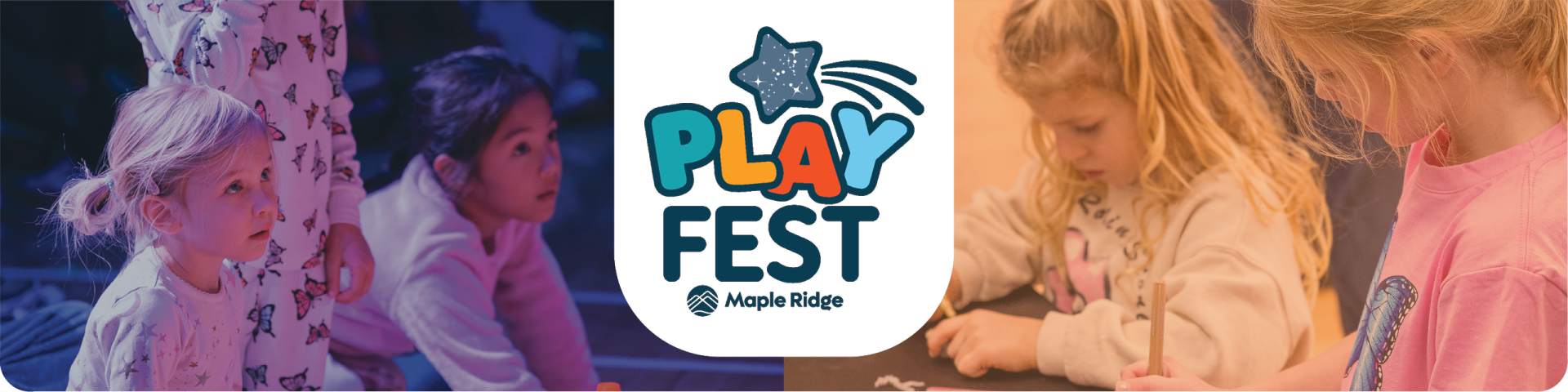 The Playfest logo sits nestled between a picture of kids in pyjamas on the left, and two kids colouring on the right.