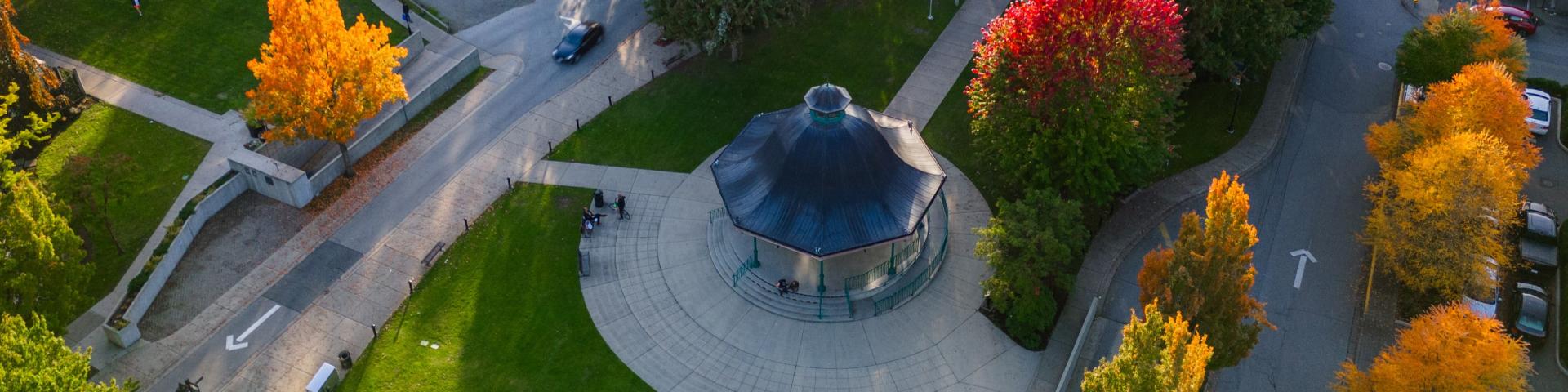 An aerial view of Memorial Peace Park in Fall
