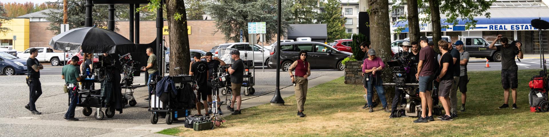 Behind the scenes of the filming of Wild Cards Season 1 in front of The Beast clock in Maple Ridge