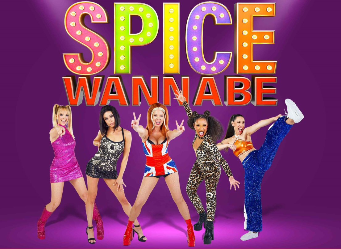 The Spice Wannabe performers strike poses in their Spice Girl tribute costumes.