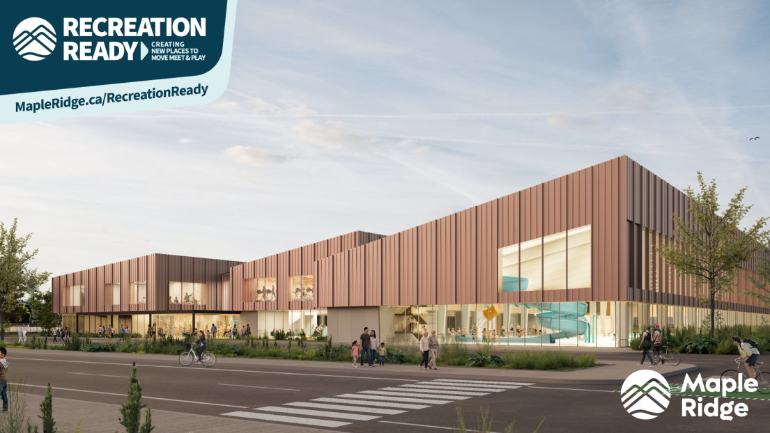 A rendering of the exterior of a new recreation building. A brown building with windows shows a waterslide and bustling hub of activity.