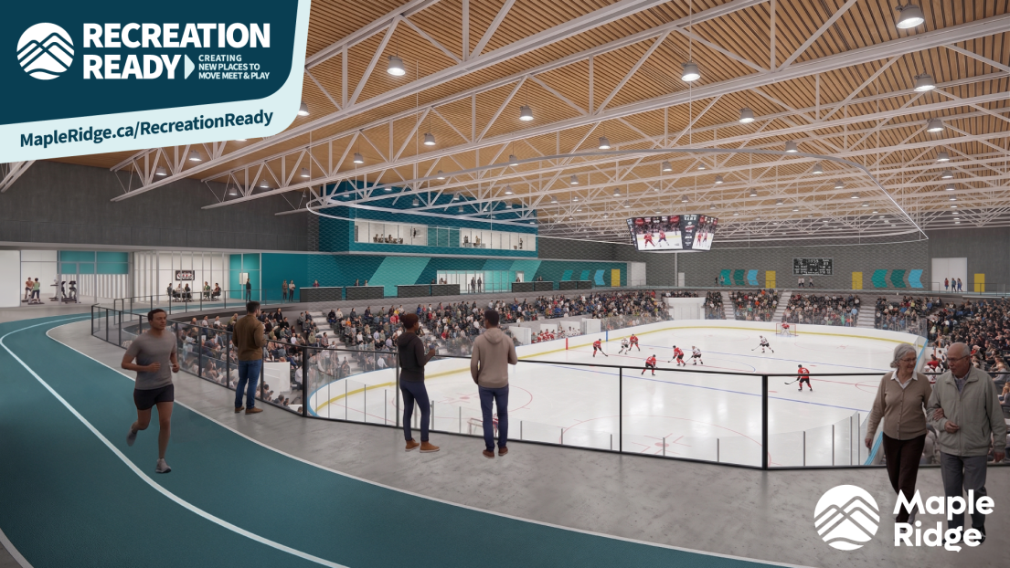 A rendering showing a crowd watching an ice hockey game from the top of the stands.