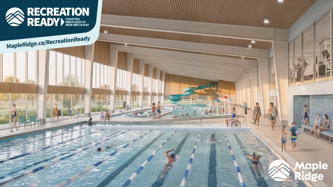 A rendering showing a public swimming pool with patrons enjoying the waters.