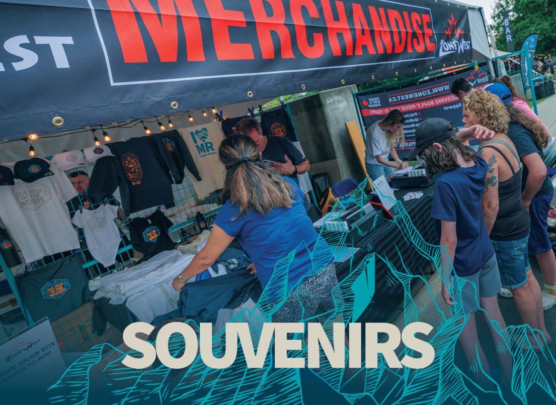 A group of people walk up to an outdoor storefront that reads "Merchandise".