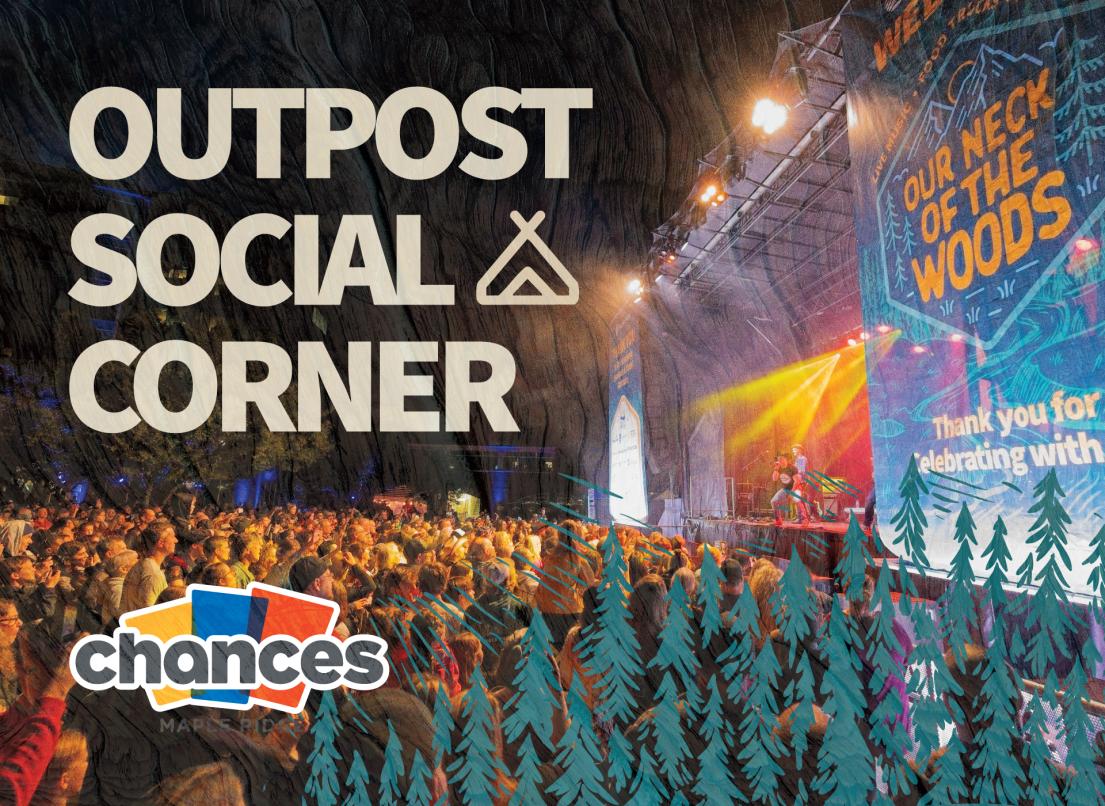 A picture of a crowd at the 2024 Our Neck of the Wood event. Overlaid is the text "Outpost Social Corner" and the Chances Maple Ridge Casino Logo.