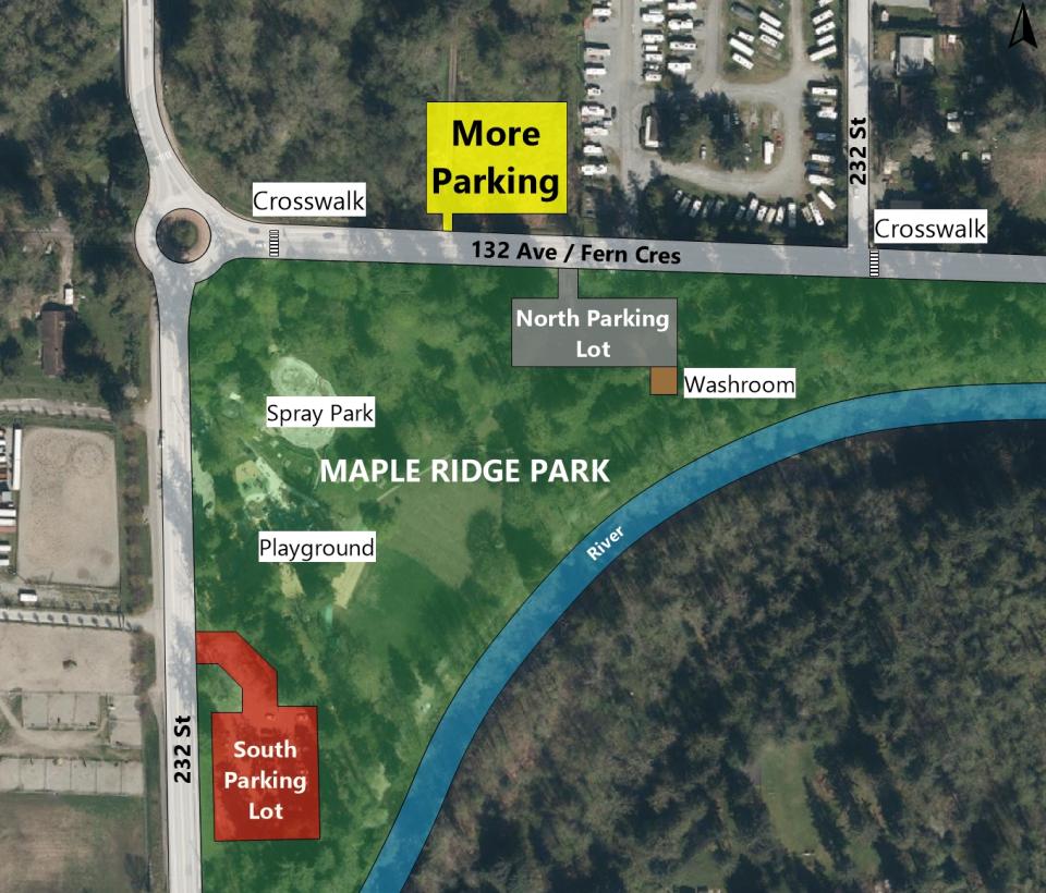 Map showing closed south parking lot and location of more parking on 132 Ave.