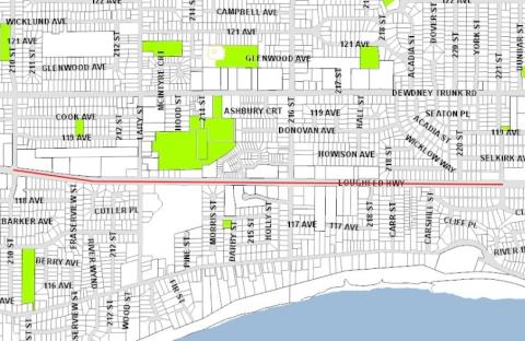 Map showing alignment of forcemain along Lougheed Highway