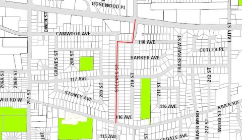Map showing alignment of forcemain along 210, 118, and Steeves Street