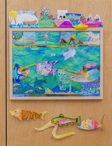 A large collage with contributions from various artists collected and arranged as part of Colleen Brown's River Weather Variable art installation.