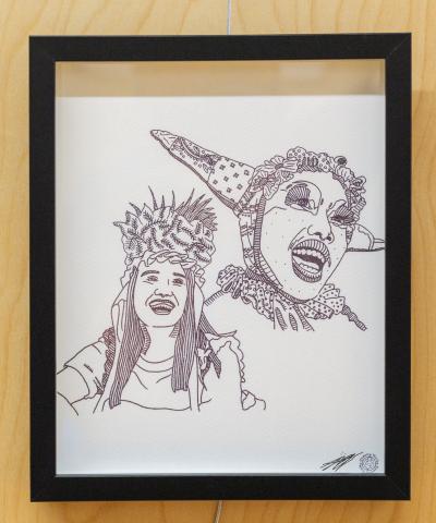 Portraits of women in black and white wearing distinct costumes as part of the Constellation installation from Alex Neff.