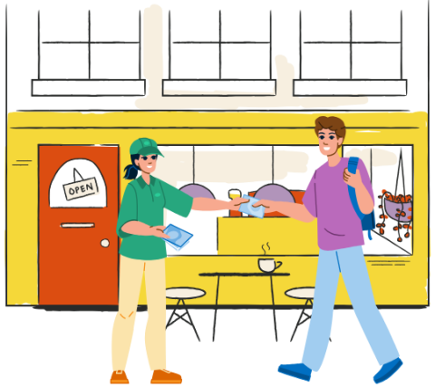 Shop employee handing promotional flyer to passer-by in front of store