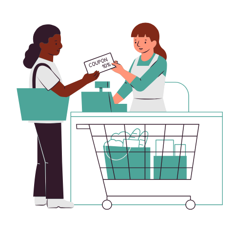 Customer handing coupon to store cashier