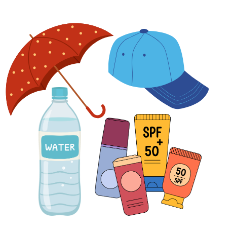 Examples of products that event attendees might have forgotten to bring, including an umbrella, bottled water, a baseball cap, and sunscreen