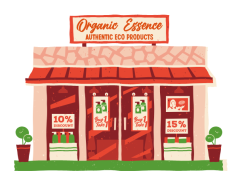Illustrated of retail storefront with signs promoting in-store discounts