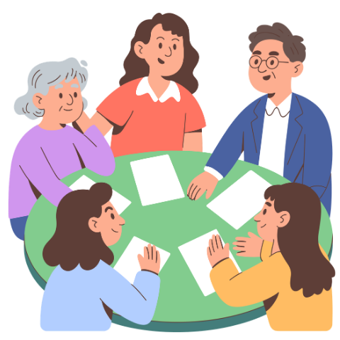 Five people of different ages and genders around a table, with documents in front of them