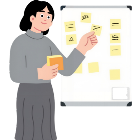 Person standing in front of a whiteboard, placing yellow self-adhesive notes on the board