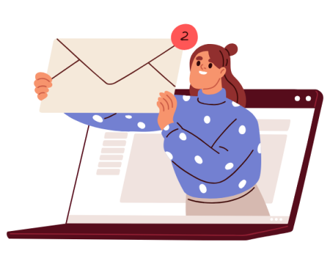 Person popping out of a laptop screen, holding an email icon