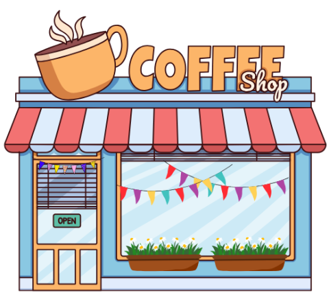 Coffee shop storefront decorated with bunting and flowerboxes