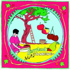 A stylized depiction of an androgynous worker sitting under a tree selecting and next to various fruit. White lettering proclaims "Berryland Canning."