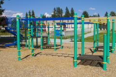 A green playground with several different monkey bars coming off it.