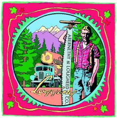 A graphic of an old man holds onto one end of a two-person saw. In the background there is an old logging truck. The circular image is framed by a red square with green maple leaves in the corners.