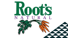 The Root's Natural logo featuring a bundle of carrots next to a soccer-ball patterned mountain.
