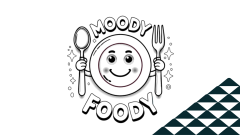 The Moody Foody's logo, a smiling plate with fork and spoon, next to a soccer-ball patterned mountain.