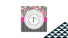 The T's Once Upon A Tea Leaf logo next to a soccer-ball patterned mountain.