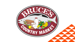 The Bruce's Country Market Logo next to a red soccer-ball patterned mountain.