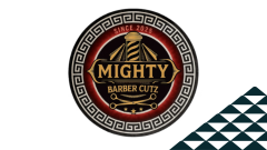 The Might Barber Cutz logo next to a soccer-ball patterned mountain.