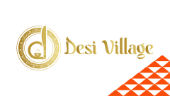 The golden Desi Village logo next to a red soccer-ball patterned mountain.