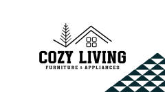 The Cozy Living Furniture & Appliances logo sits next to a soccer ball patterned mountain.