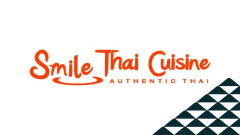 The Smile Thai Cuisine Authentic Thai Logo next to a soccer ball patterned mountain.