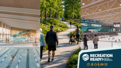 A collage showing artist renditions of the proposed aquatics facility, park, and ice rink.