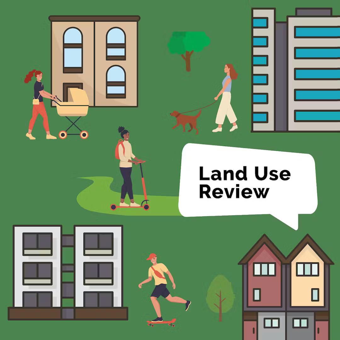 An illustration with people walking and buildings