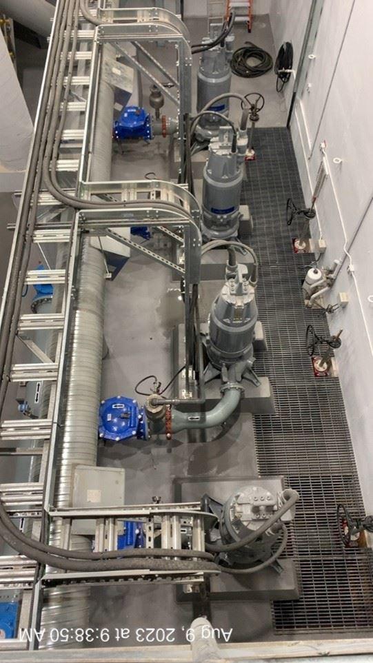 An aerial view of several pumps in a row, indoors.