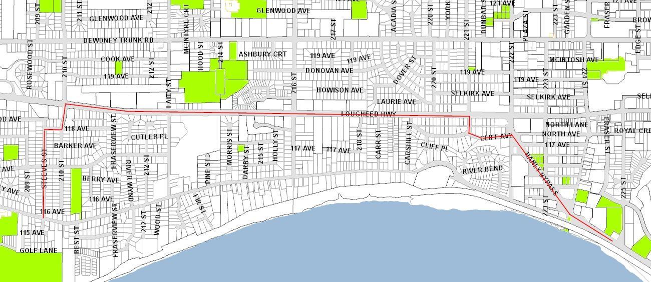 A black, white and green map showing the location of the South Slope Forcemain Upgrades via a red line.