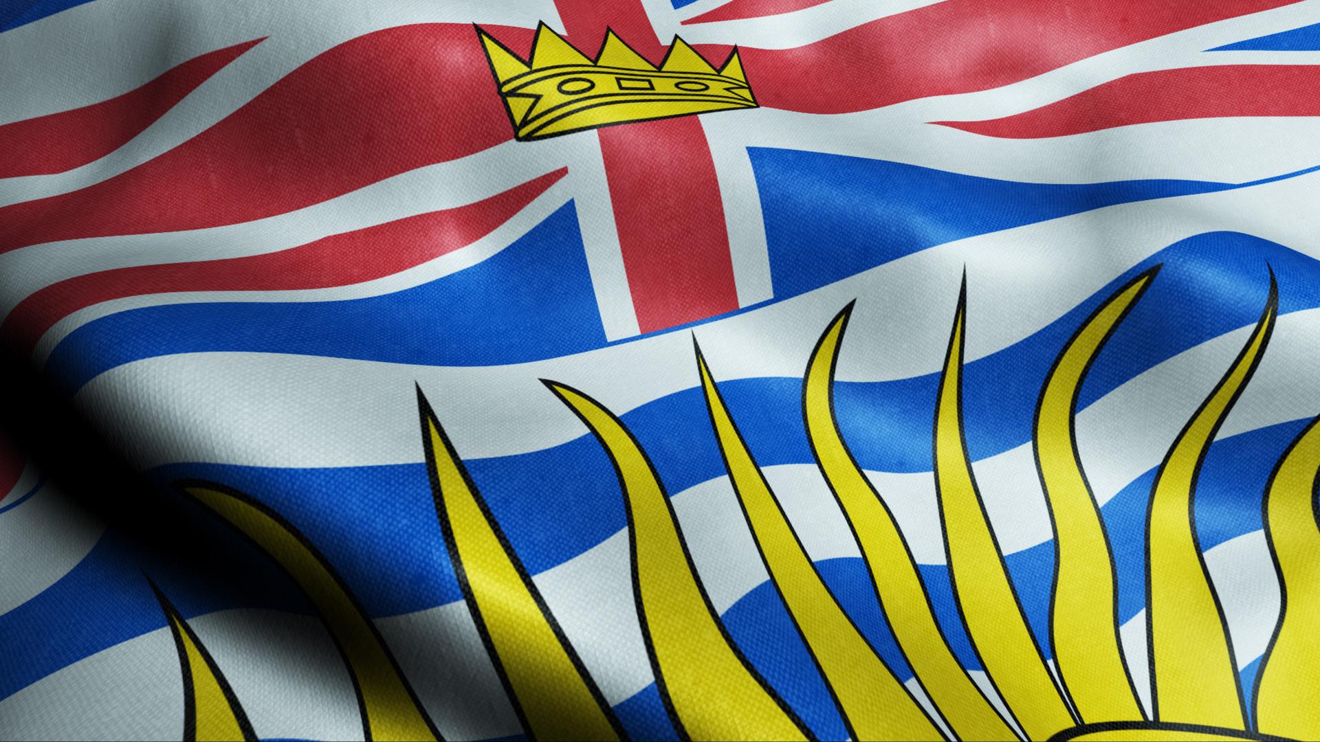 A close up of the BC flag as it ripples in the wind.