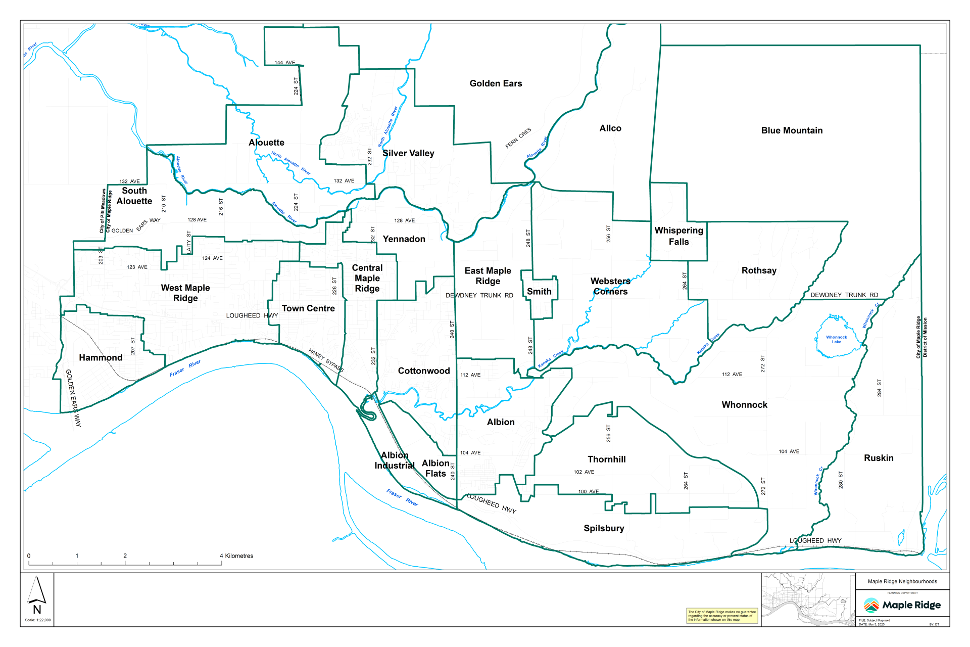 A map of Maple Ridge showing the boundaries for each distinct neighbourhood.