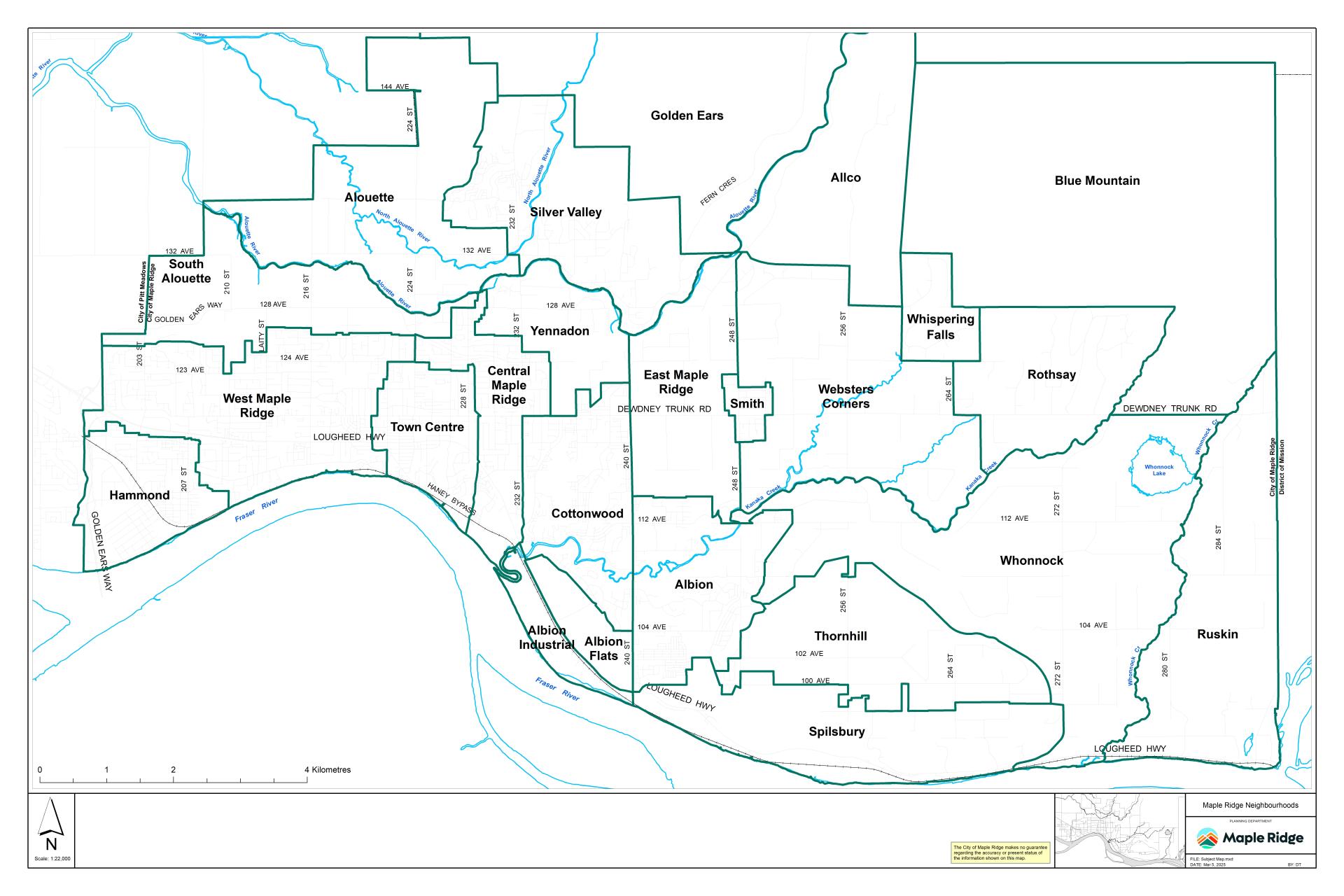 summary map of neighbourhoods in maple ridge noting main streets