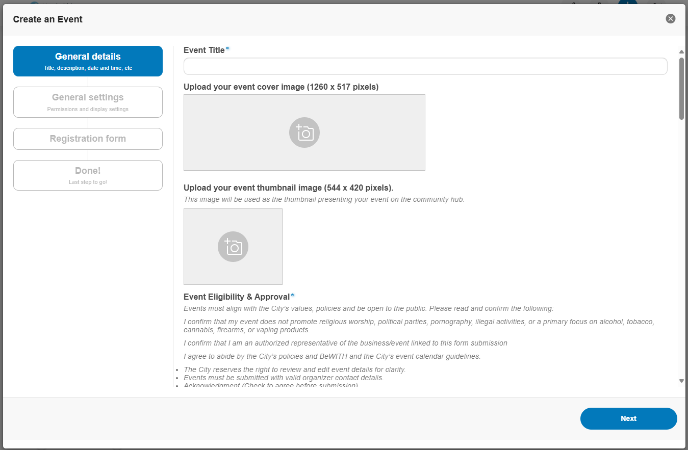 A screenshot showcasing the Event form users see when submitting to the Discover Maple Ridge Hub.