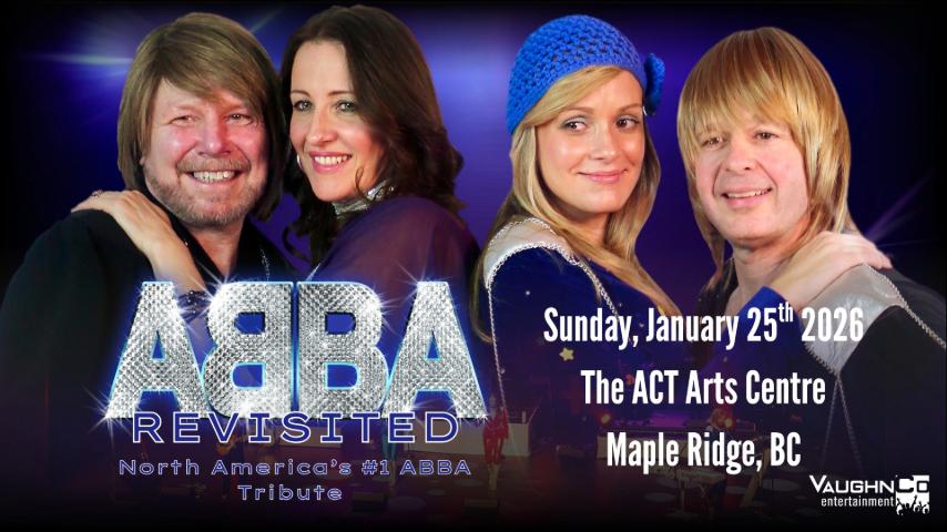 Four performers smile at the camera, advertising their show, Abba Revisited.
